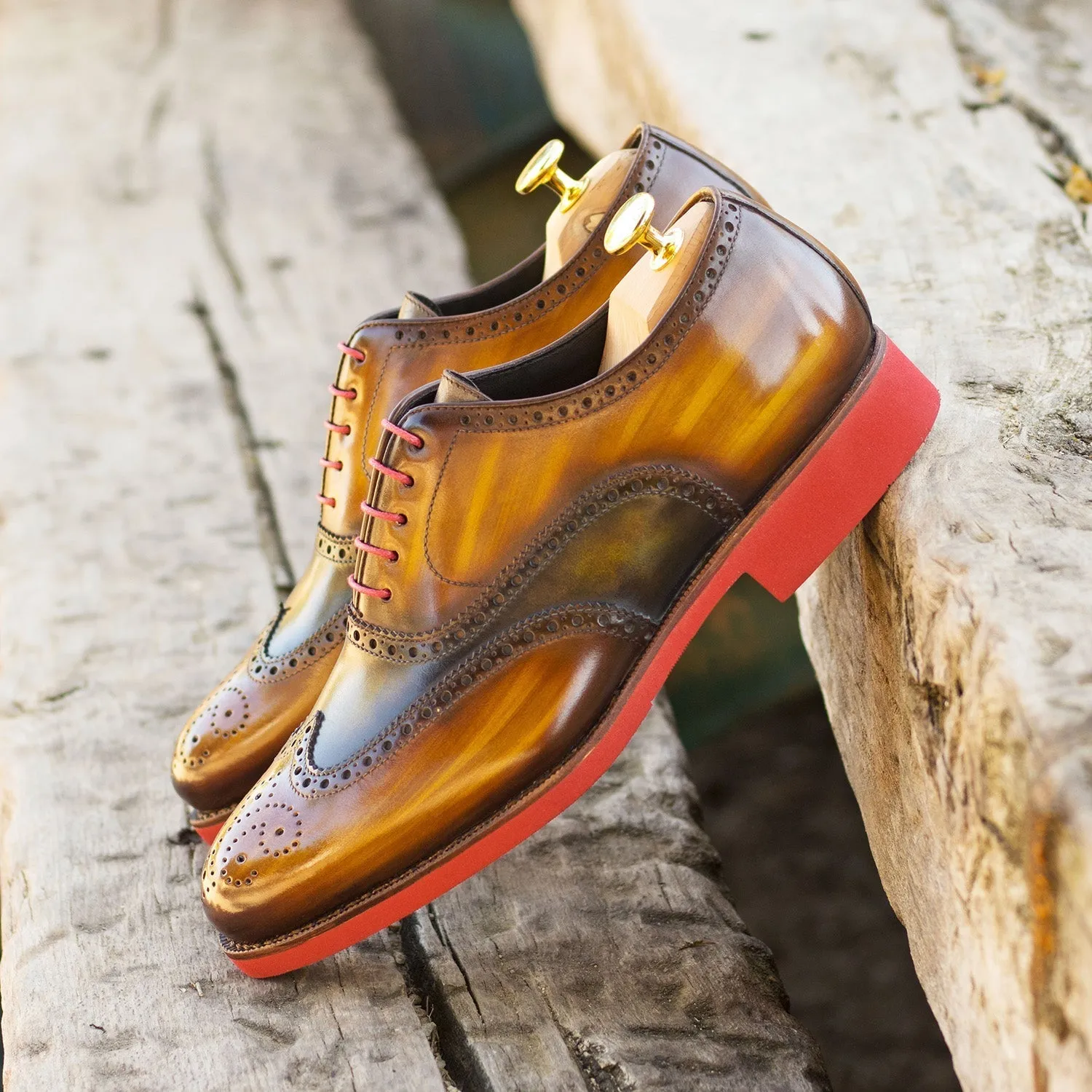 Ambrogio Bespoke Men's Shoes Cognac & Green Patina Leather Brogue Oxfords (AMB2246)