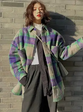 Autumn Winter Loose Casual Colorful Plaid Woolen Shacket Women Drop Shoulder Long Sleeve Luxury Designer Clothes 2022