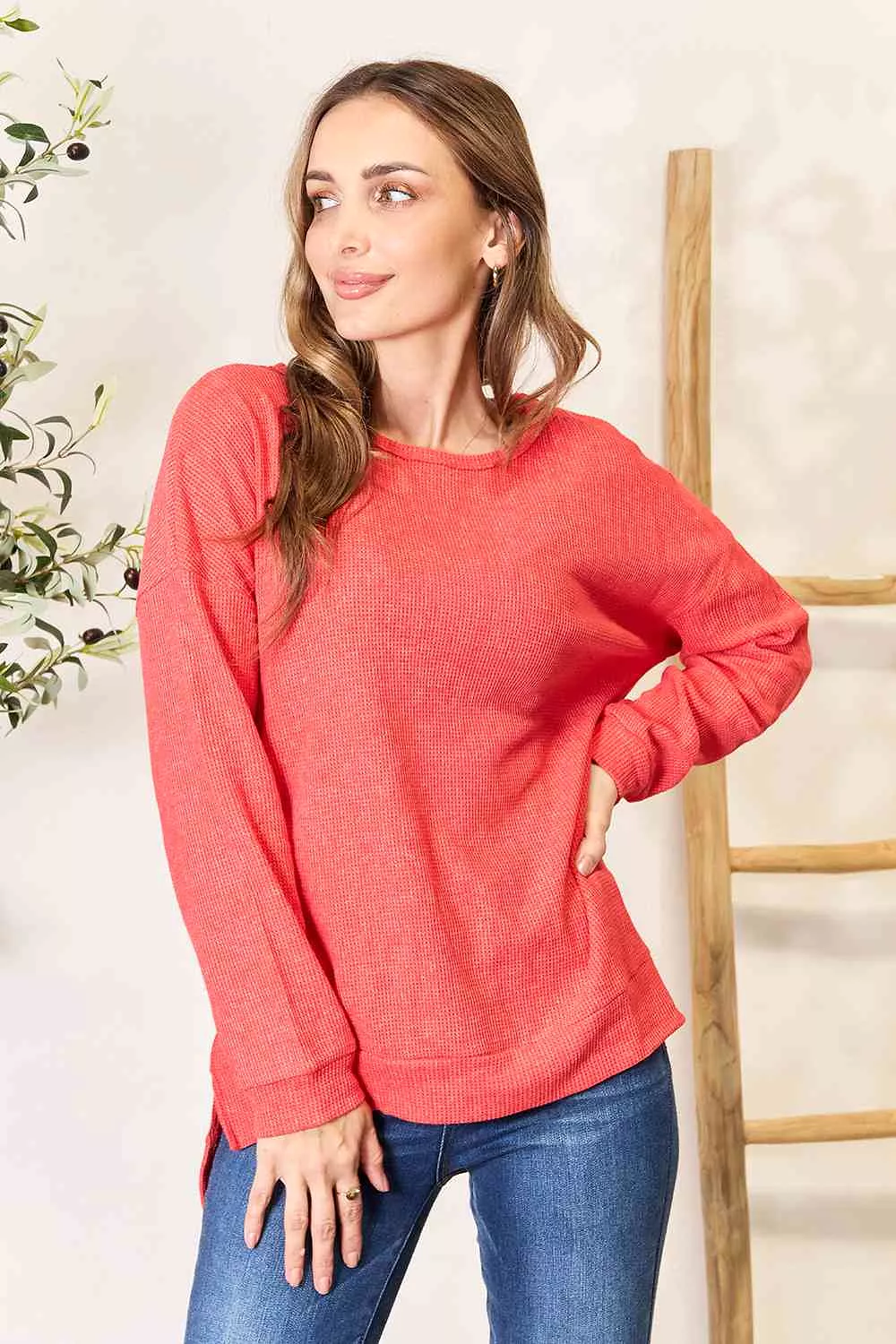 Basic Bae Round Neck Drop Shoulder Slit Sweatshirt