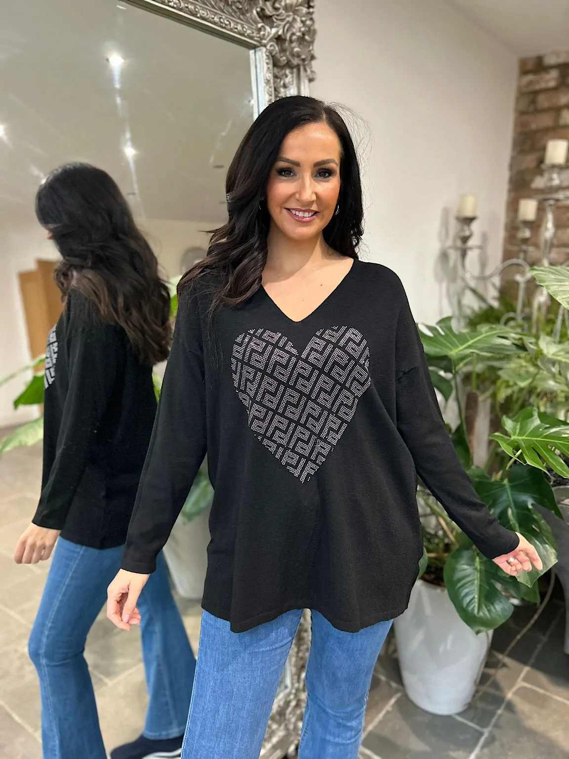 Black Diamante Heart Knit Gail