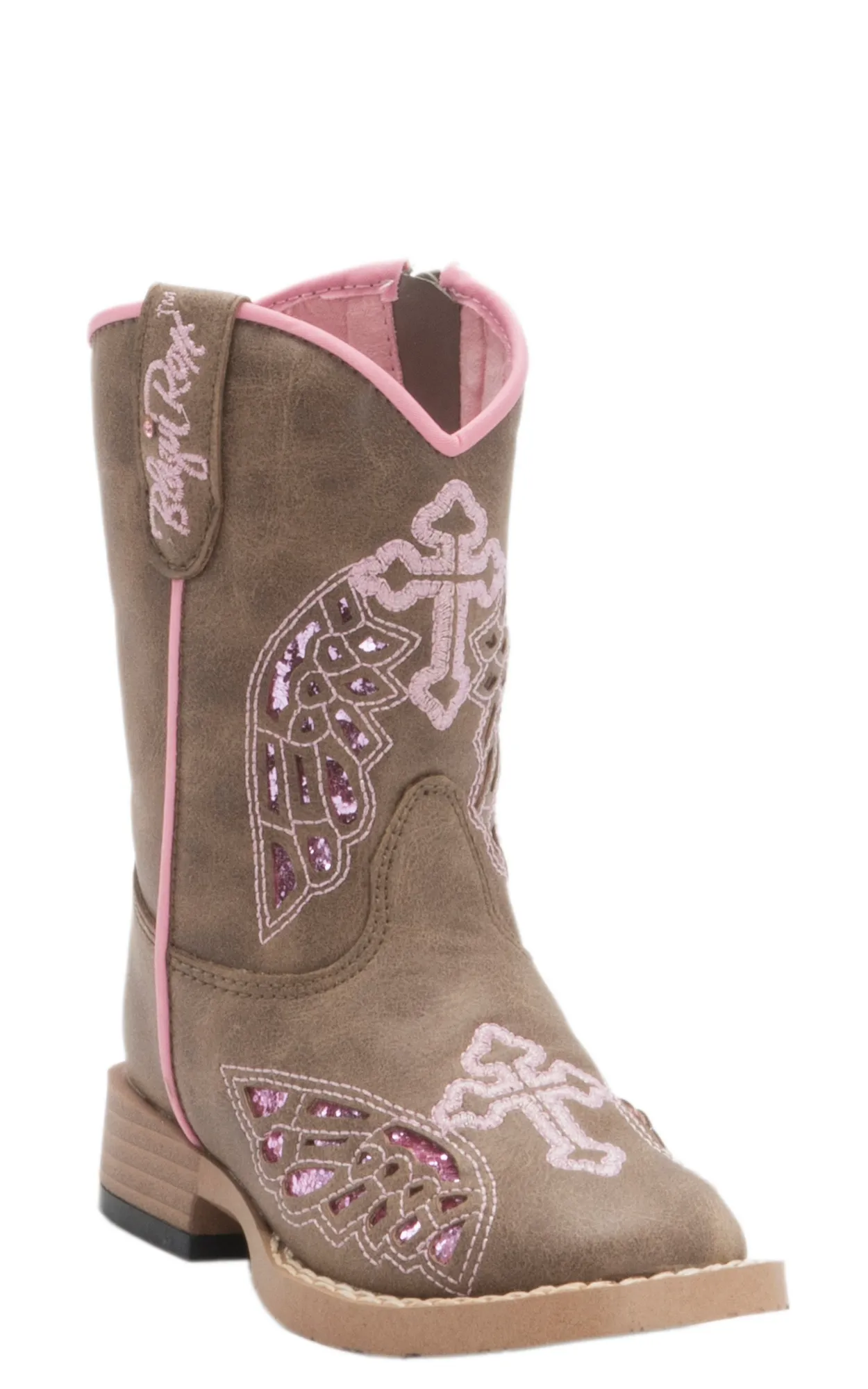 Blazin Roxx Toddler Gracie Brown with Pink Wing Cross Zip Square Toe Cowboy Boots