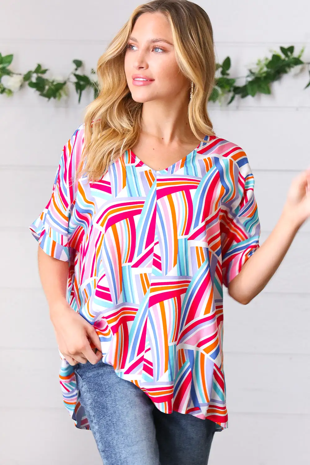 Blue & Fuchsia Geometric Print Woven Top