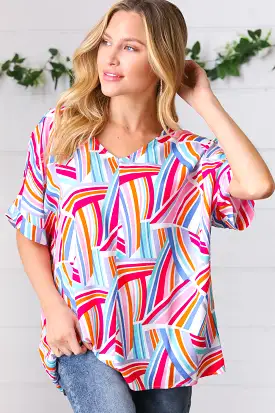 Blue & Fuchsia Geometric Print Woven Top