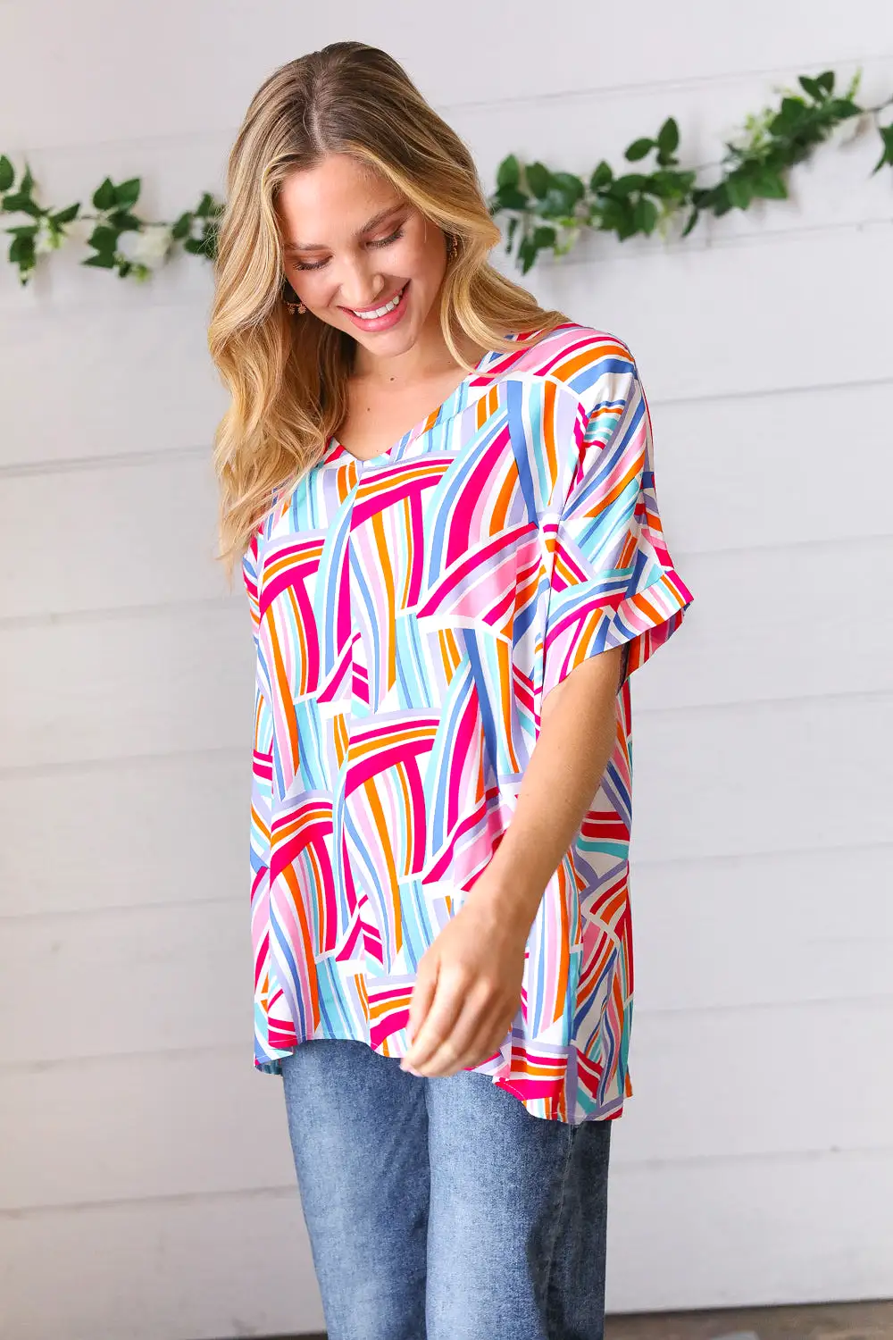 Blue & Fuchsia Geometric Print Woven Top