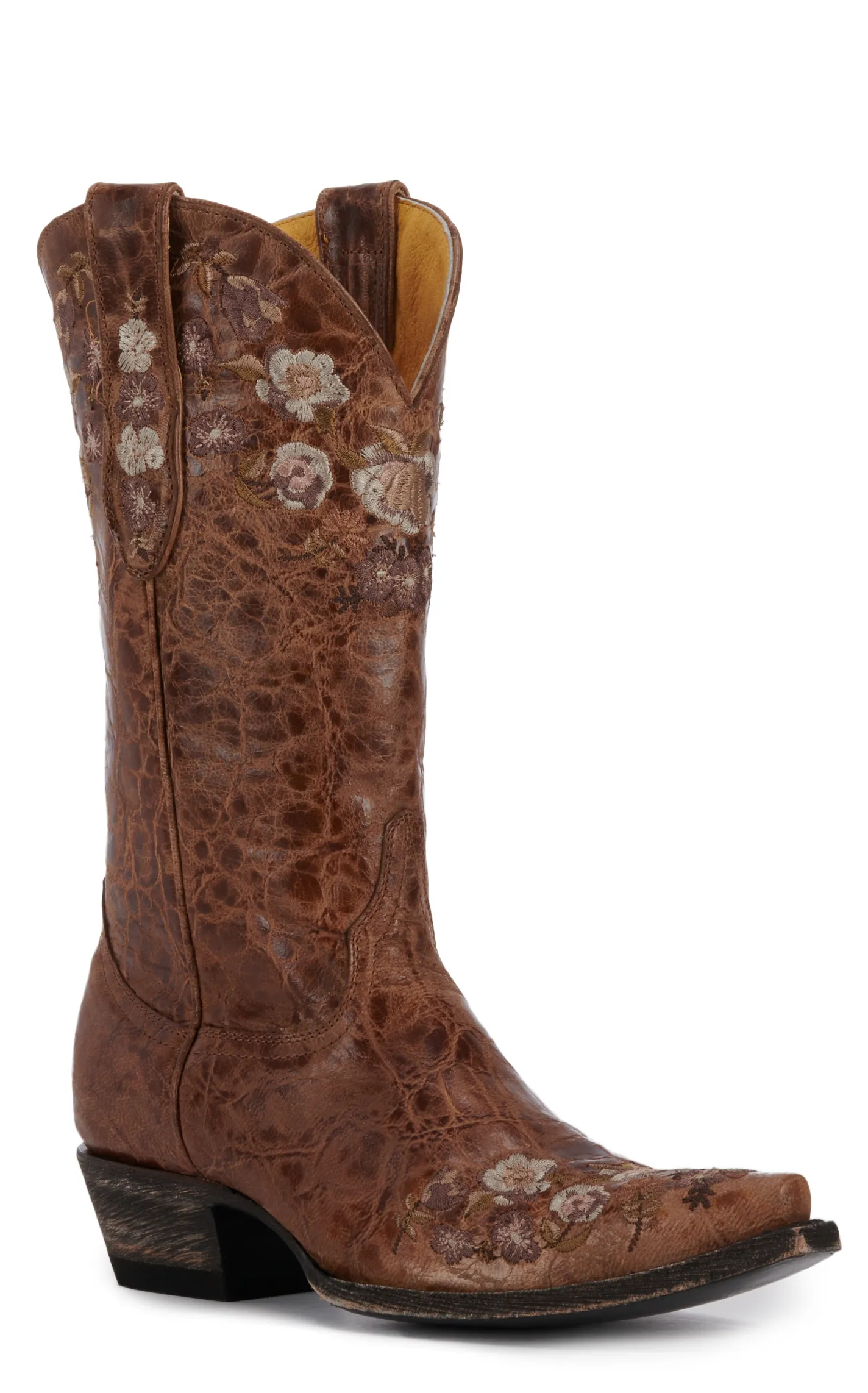 Cavender's Women's Brown with Floral Embroidery Snip Toe Cowboy Boots