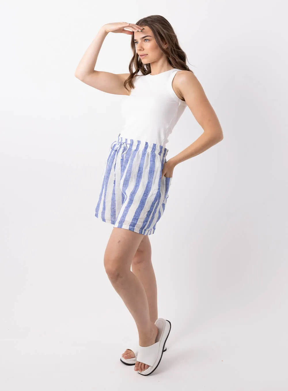 Charlie Stripe Linen Short-BLUE