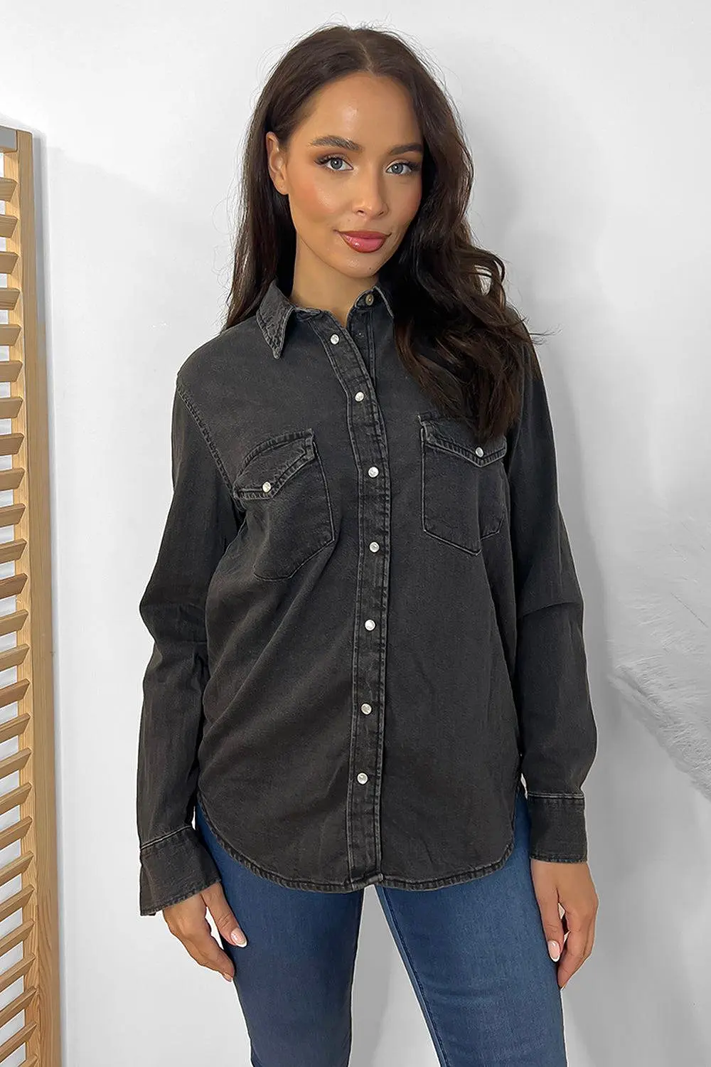 Curved Hem Pearl Buttons Denim Shirt