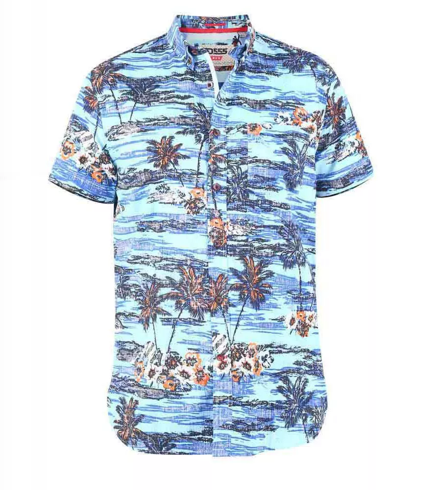 D555 Big Mens Blue Short Sleeve Shirt With Hawaiian Print (CHARFORD)