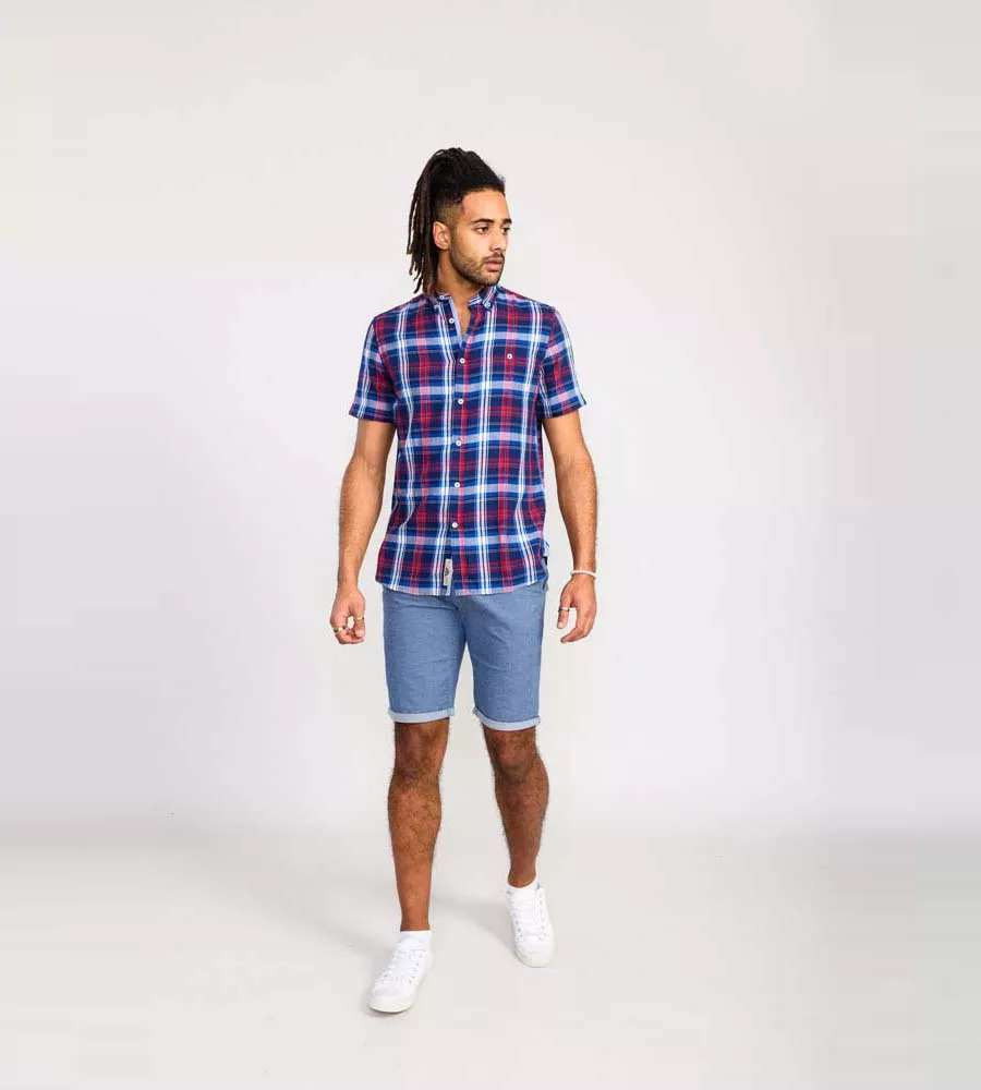 D555 Tall Mens Blue/Red Short Sleeve Check Shirt (PORTLAND)