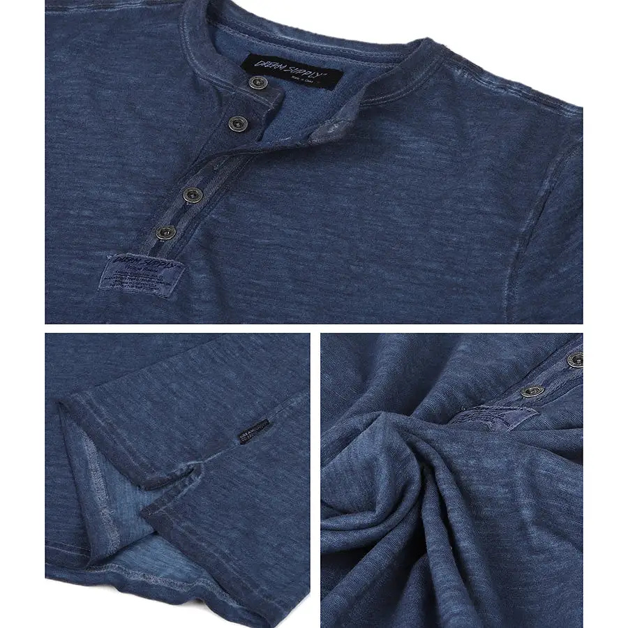 Deep Blue Long Sleeve Oil Wash Vintage Button Henley