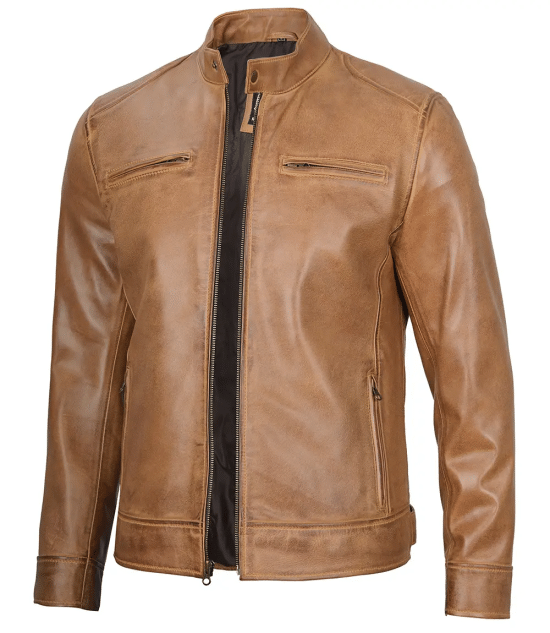 Dodge Men's Camel Leather Cafe Racer Jacket 