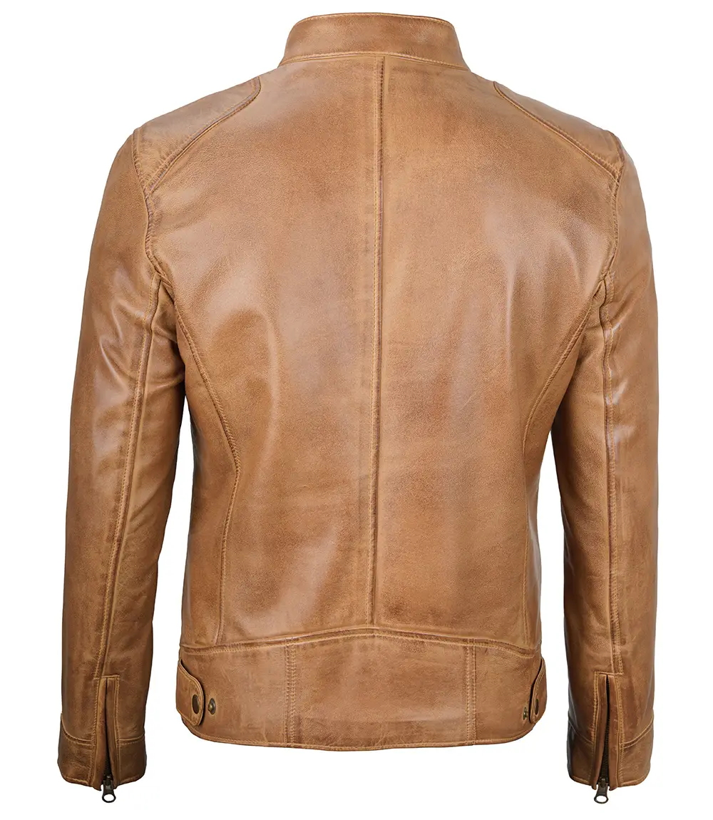 Dodge Men's Camel Leather Cafe Racer Jacket 