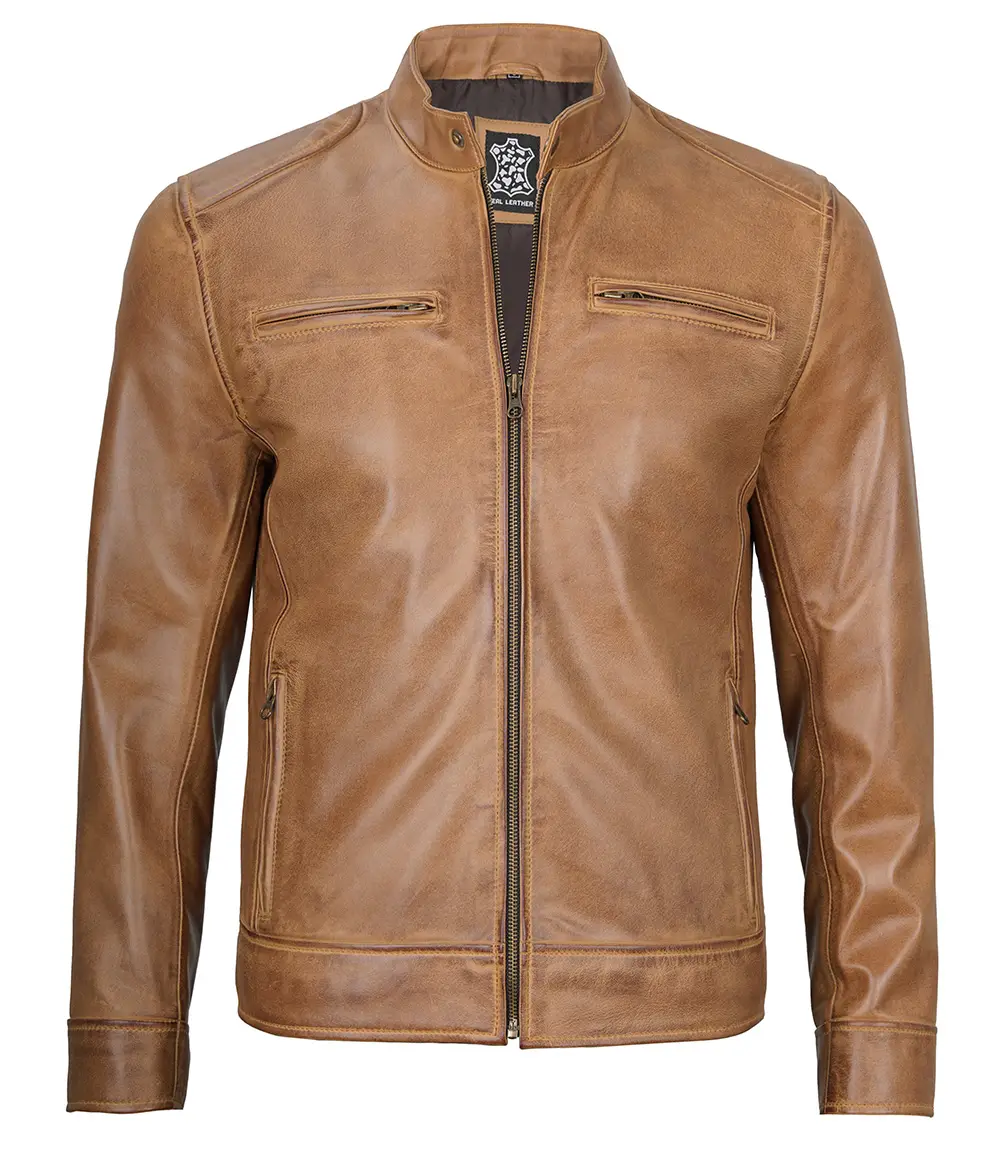 Dodge Men's Camel Leather Cafe Racer Jacket 