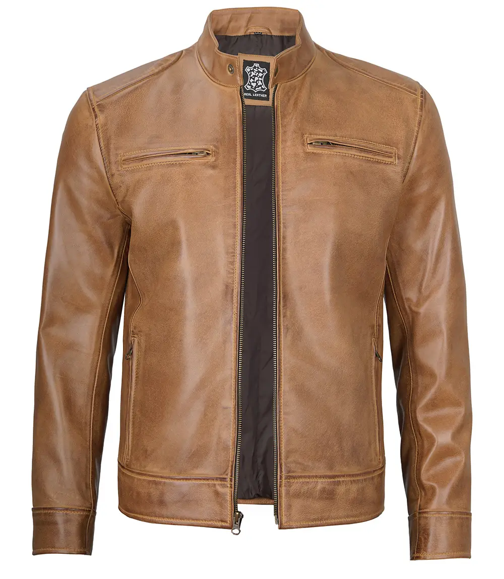 Dodge Men's Camel Leather Cafe Racer Jacket 