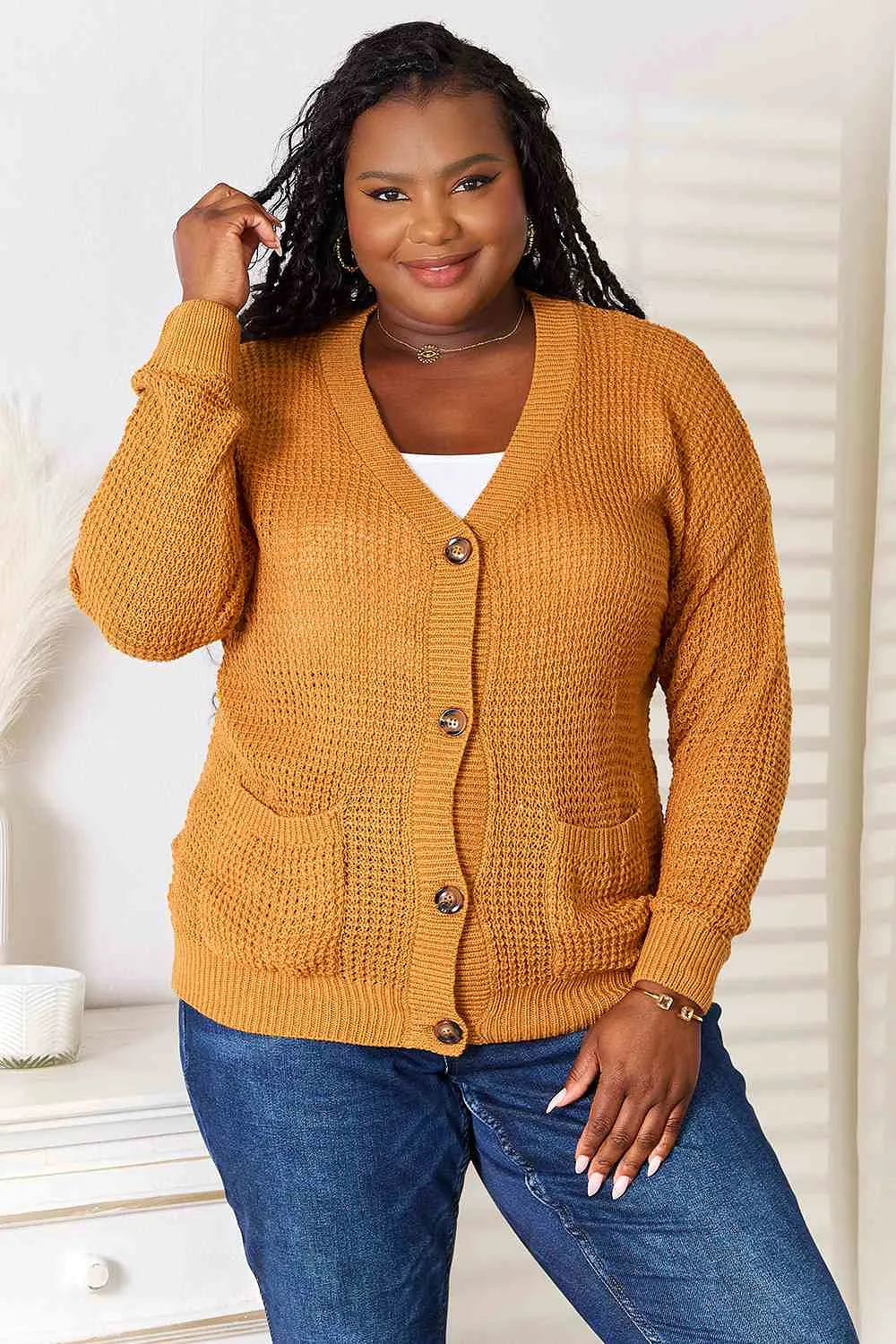 Double Take Drop Shoulder Button Down Cardigan with Pockets