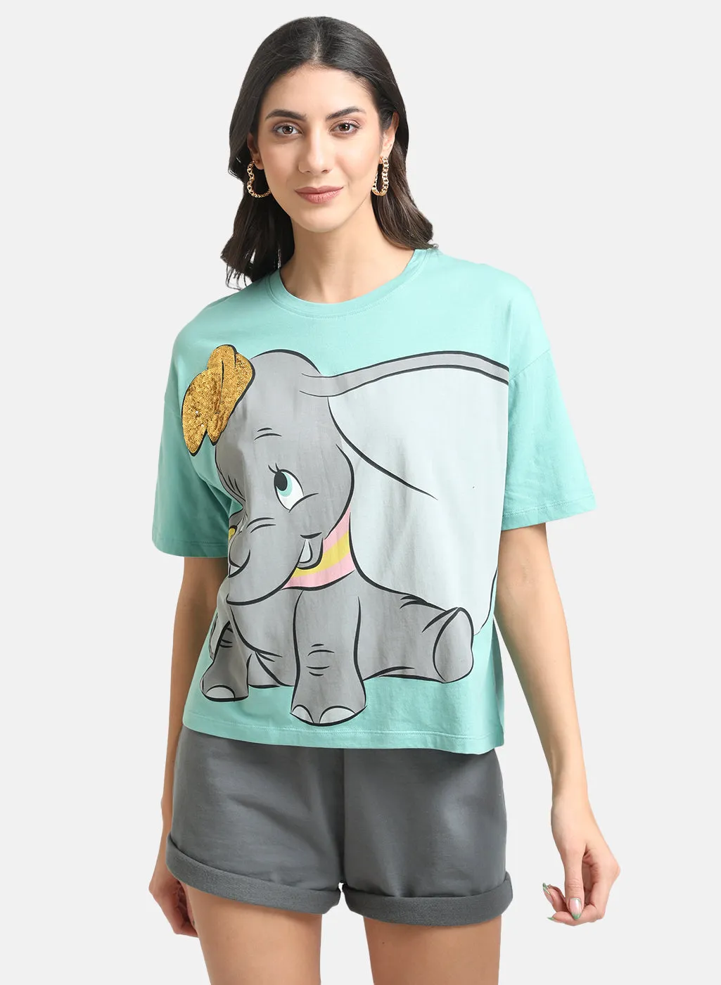 Dumbo Disney Printed Green T-Shirt With Sequin Work