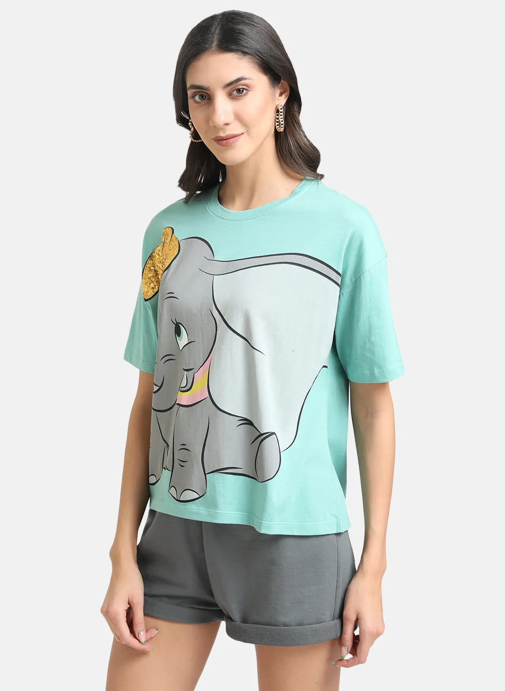 Dumbo Disney Printed Green T-Shirt With Sequin Work