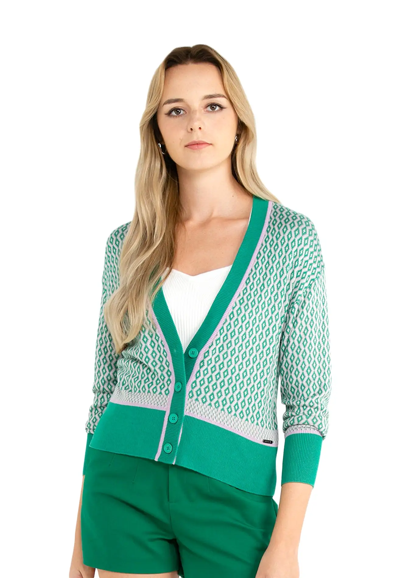 ELLE Apparel Drop Shoulder Viscose Patterned Button Front Cardigan