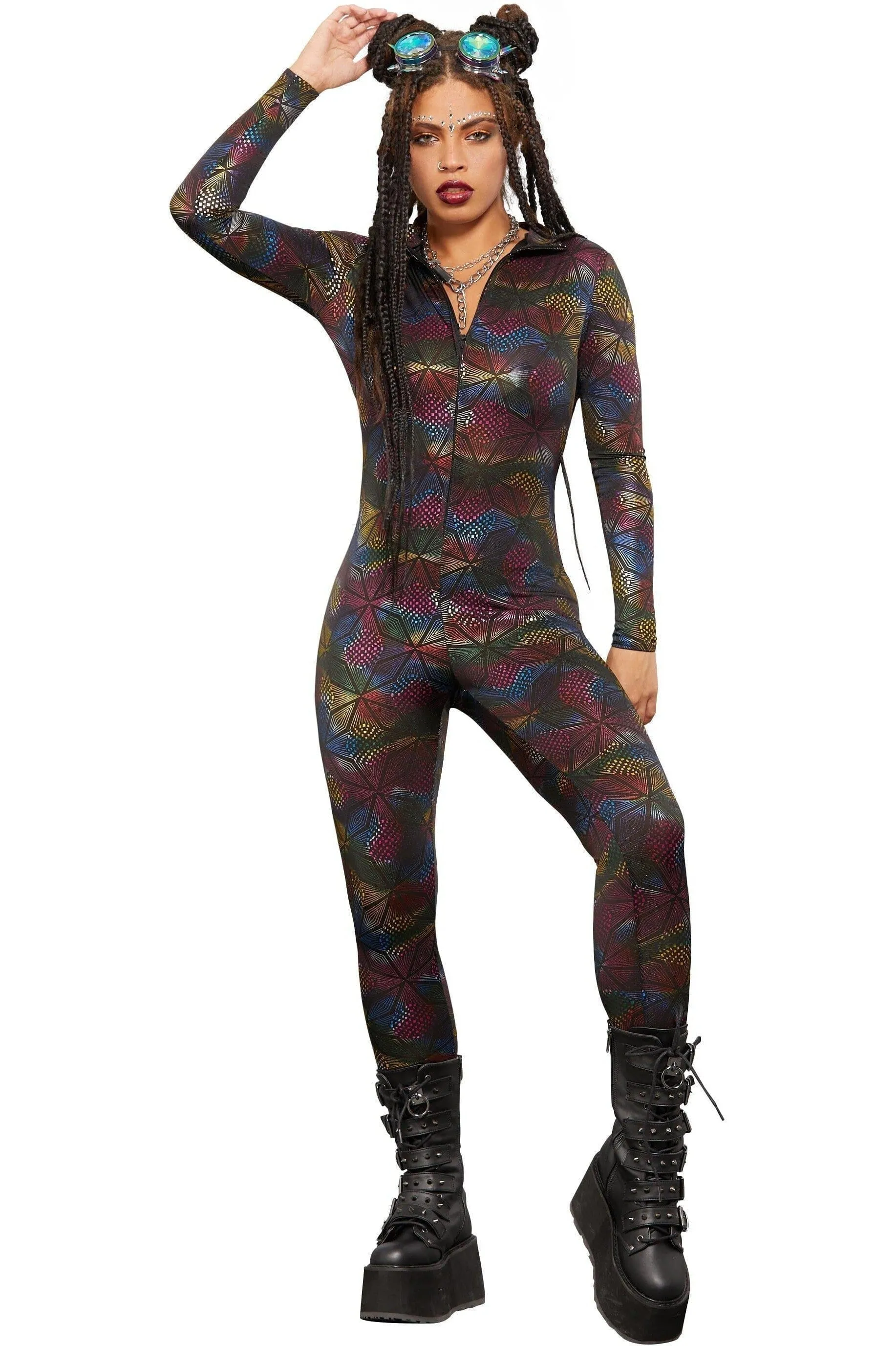 Fever Miss Whiplash Geometric Print Catsuit