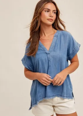 FINAL SALE - Denim Tencel Frayed Edge Top