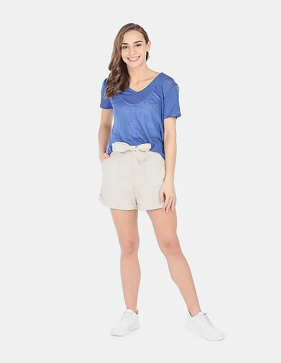 GAP Women Blue Linen V-Neck Tee