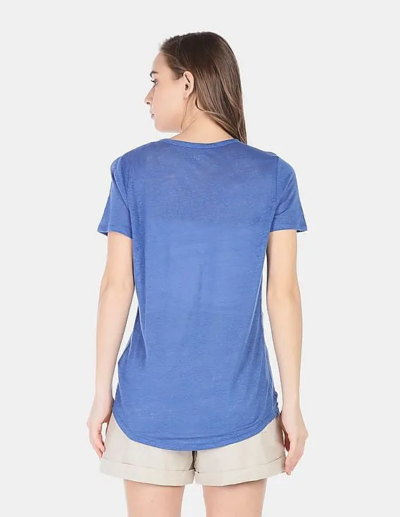 GAP Women Blue Linen V-Neck Tee