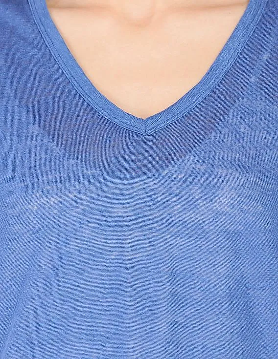 GAP Women Blue Linen V-Neck Tee