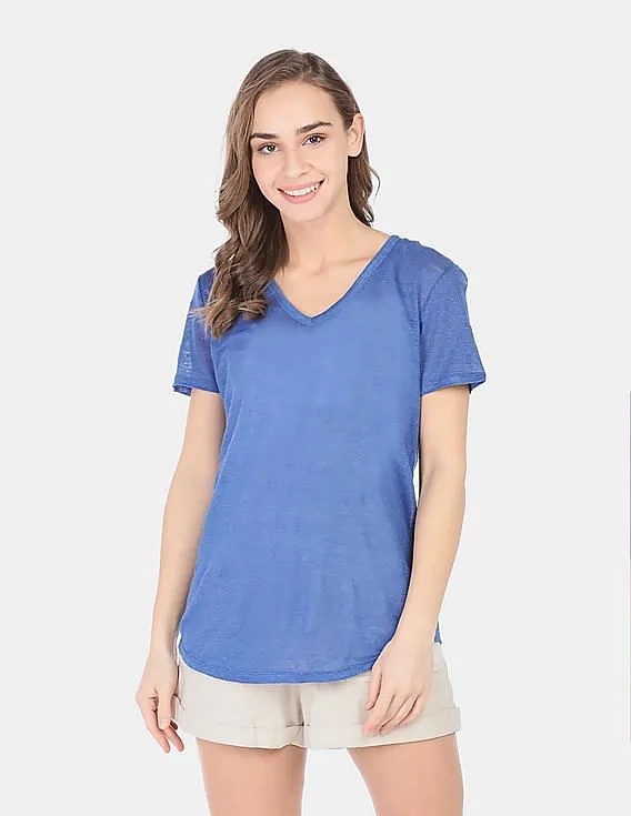 GAP Women Blue Linen V-Neck Tee