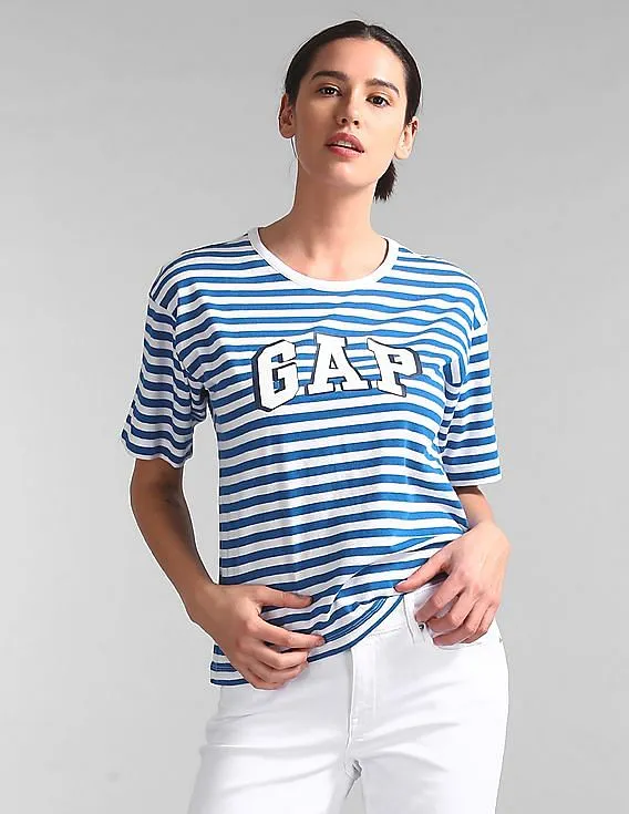 GAP Women Blue Stripe Logo Tee