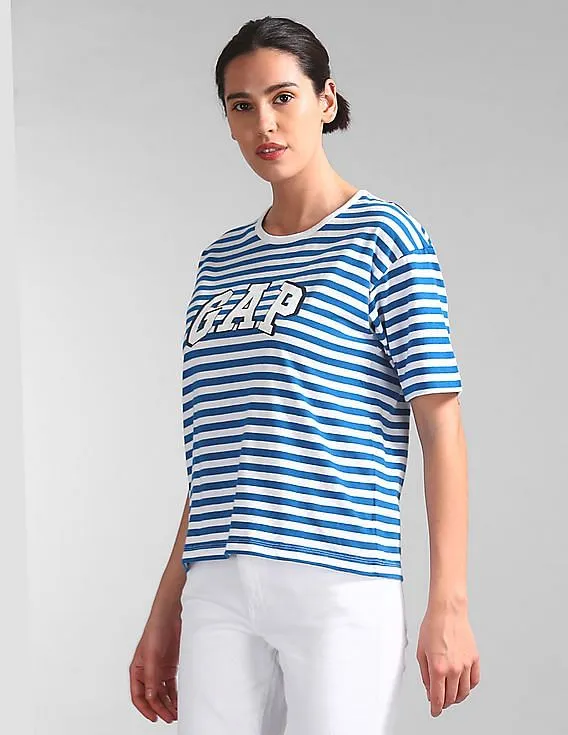 GAP Women Blue Stripe Logo Tee