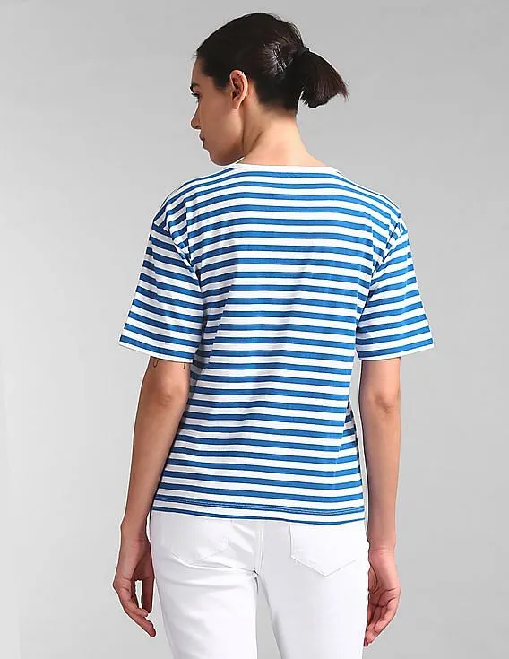 GAP Women Blue Stripe Logo Tee