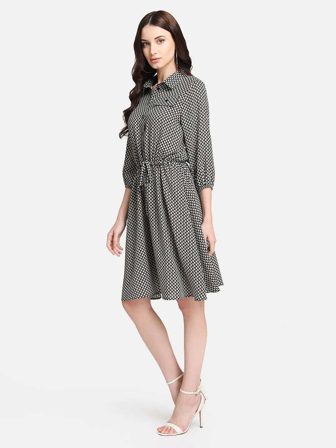 Geometric Print Shirt Dress With Tie-Up