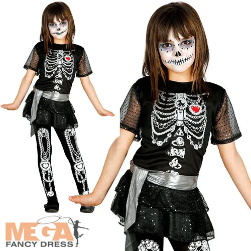 Girls Shiny Skeleton Fancy Dress Halloween Day Of The Dead Costume