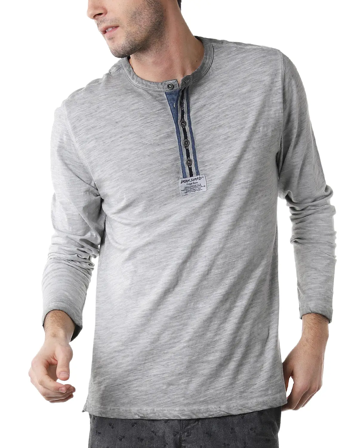 Gray Long Sleeve Oil Wash Vintage Button Henley