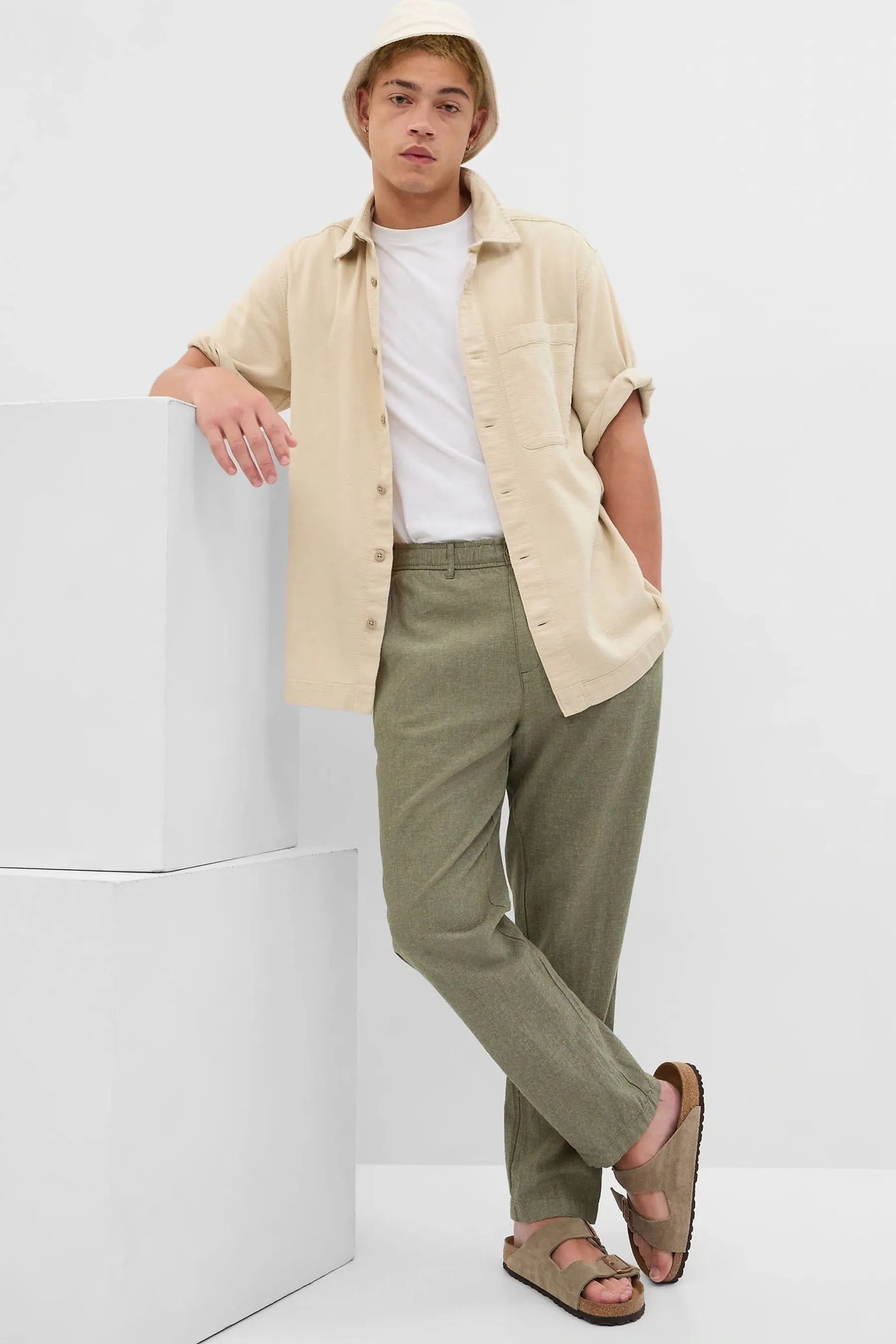 Green Linen-Cotton Easy Trousers