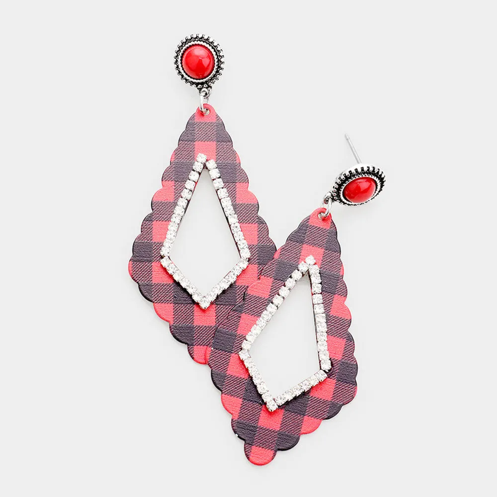 iLLASPARKZ Buffalo Check Print Rhinestone Embellished Cut Out Geometric Metal Earrings