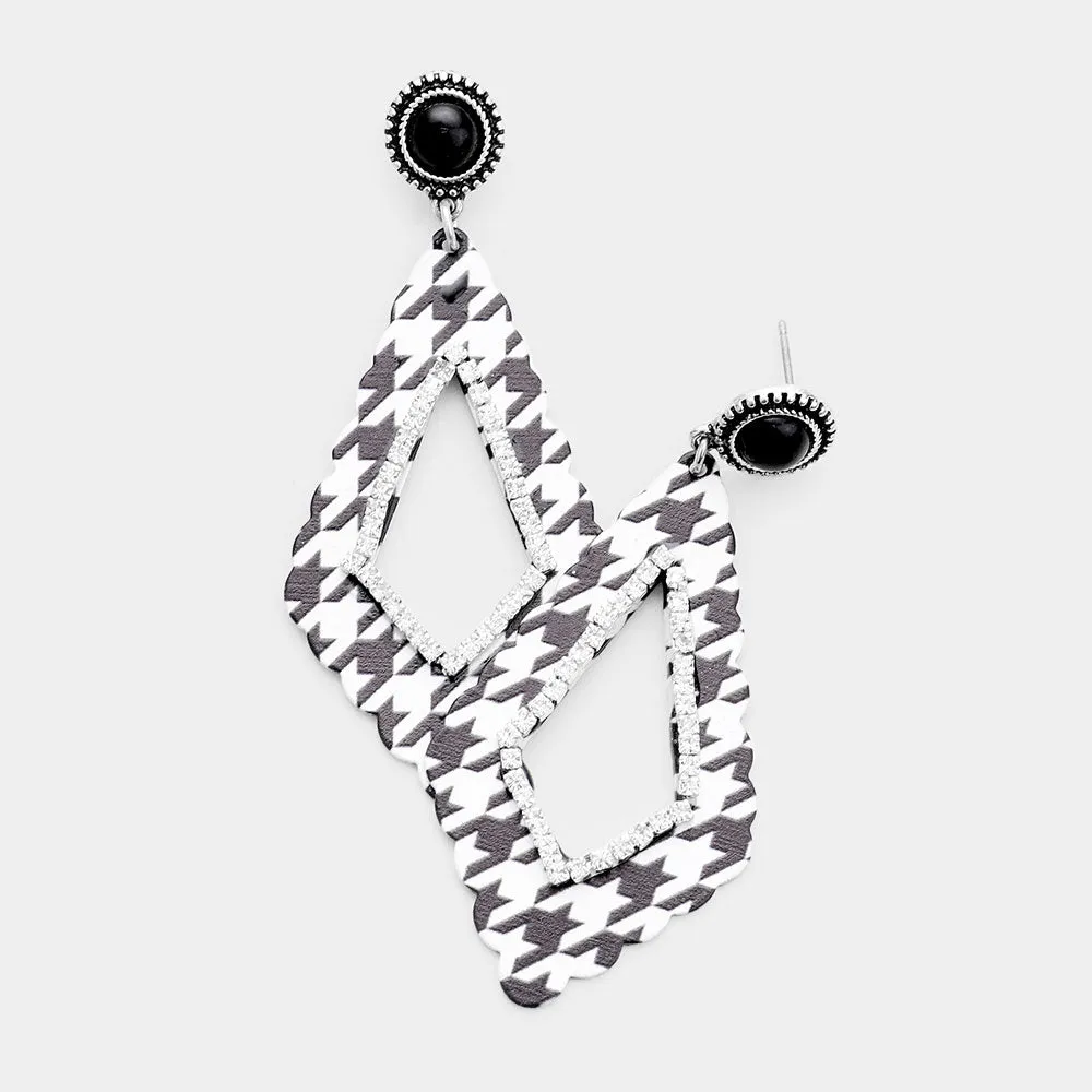 iLLASPARKZ Houndstooth Check Print Rhinestone Embellished Cut Out Geometric Metal Earrings