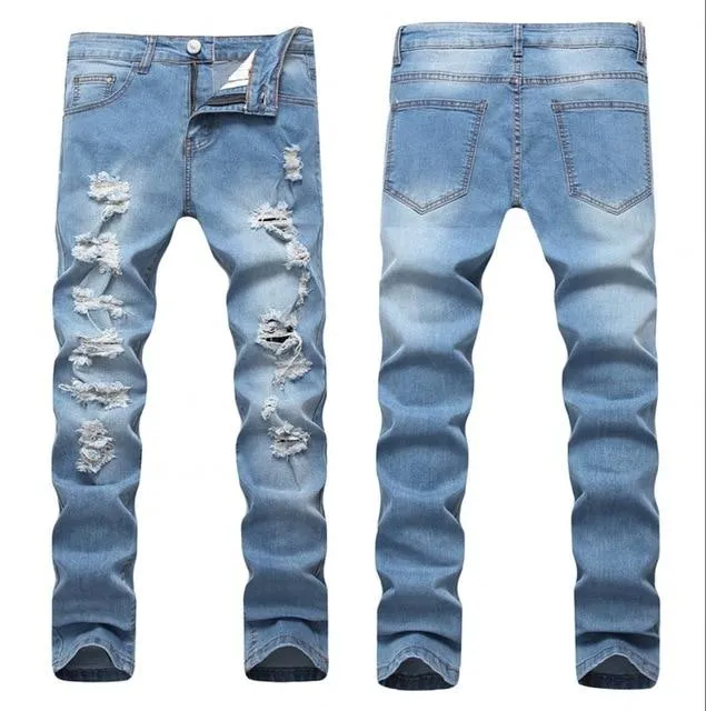 Light Blue Denim Designer Ripped Jeans Slim Fit Joggers Pants for Men