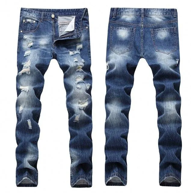 Light Blue Denim Designer Ripped Jeans Slim Fit Joggers Pants for Men