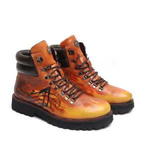 Light Weight Biker Boot for Men with Hand Painted Fire and Music Art Tan Leather