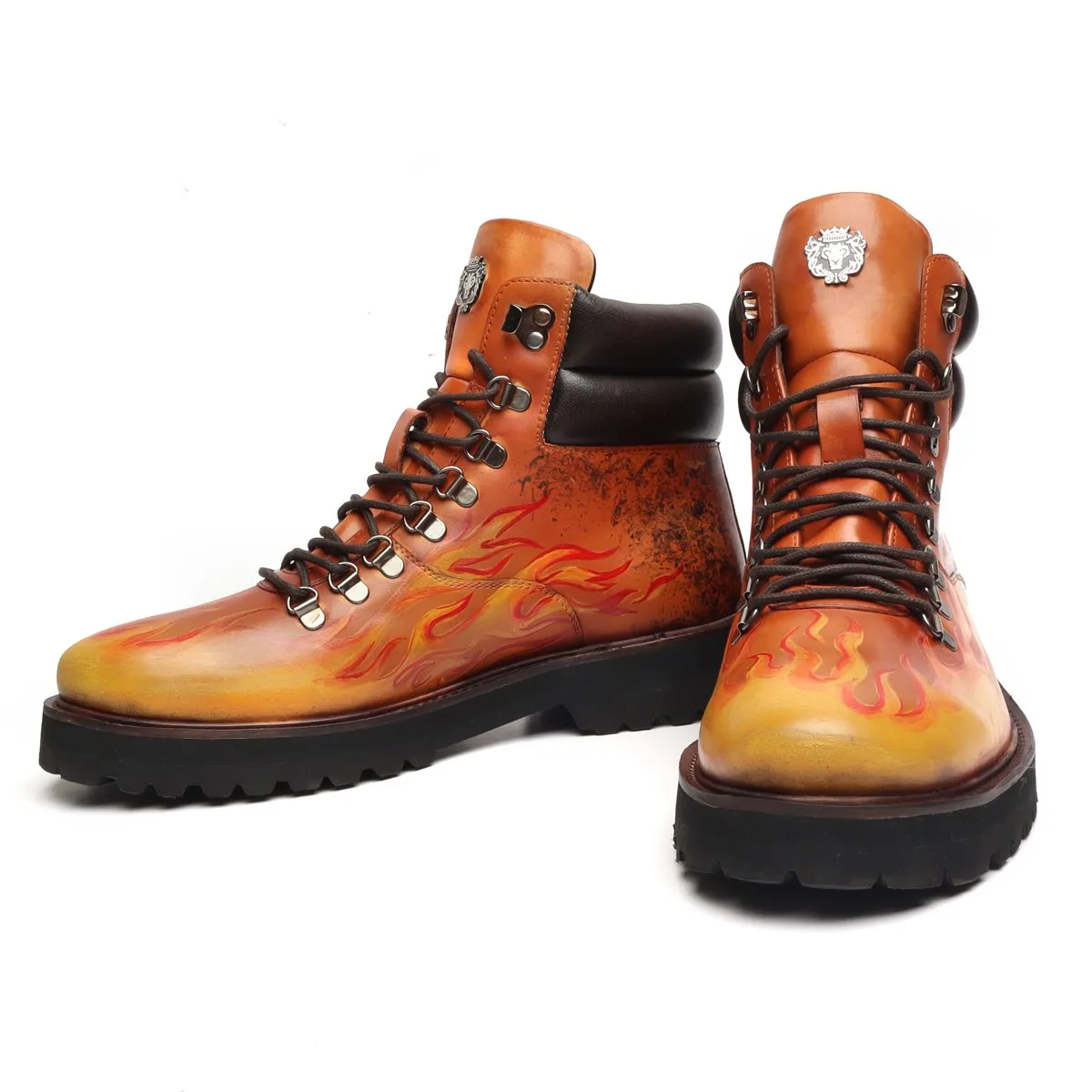 Light Weight Biker Boot for Men with Hand Painted Fire and Music Art Tan Leather