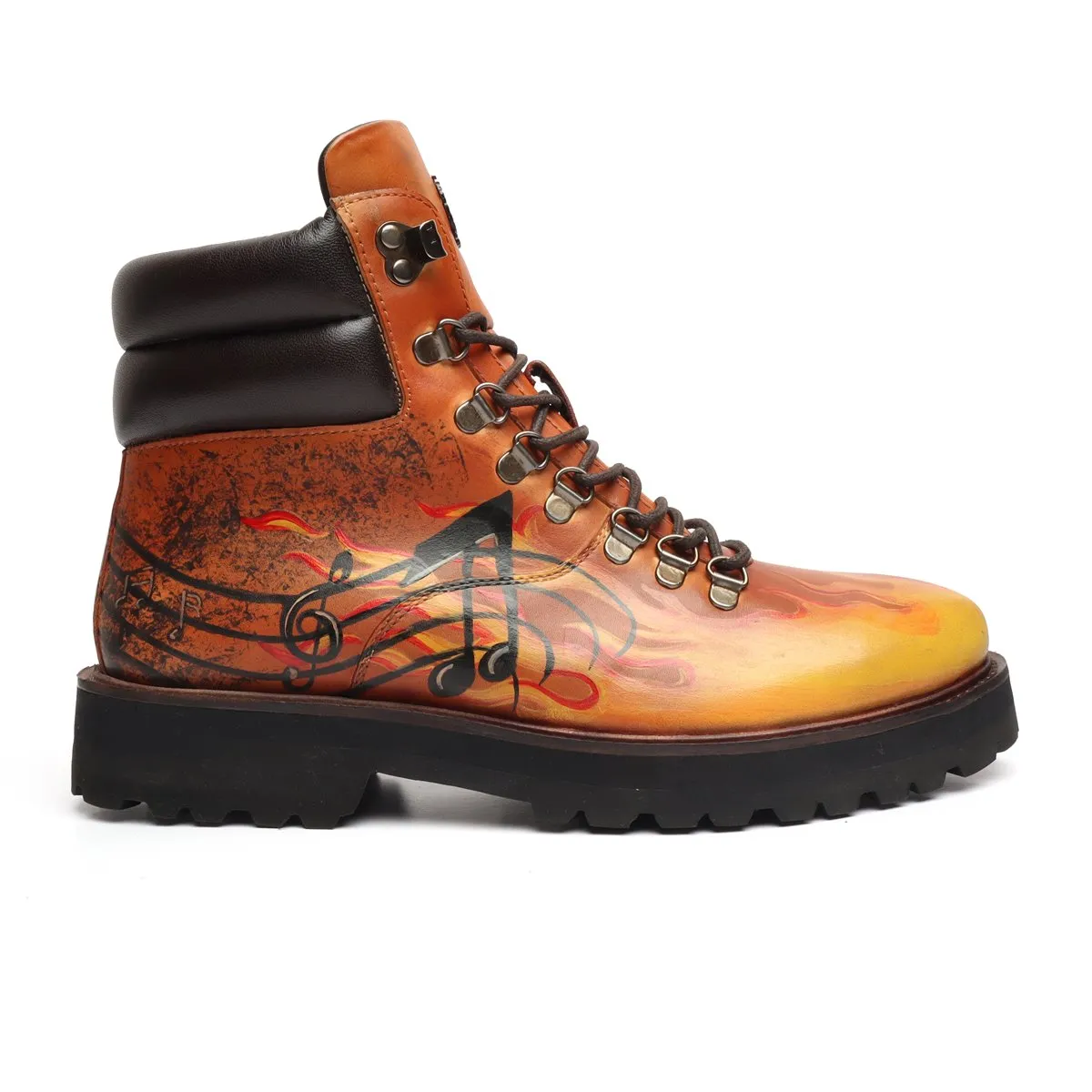 Light Weight Biker Boot for Men with Hand Painted Fire and Music Art Tan Leather