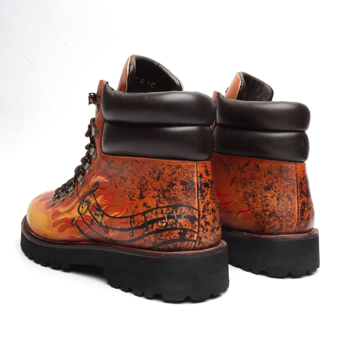 Light Weight Biker Boot for Men with Hand Painted Fire and Music Art Tan Leather