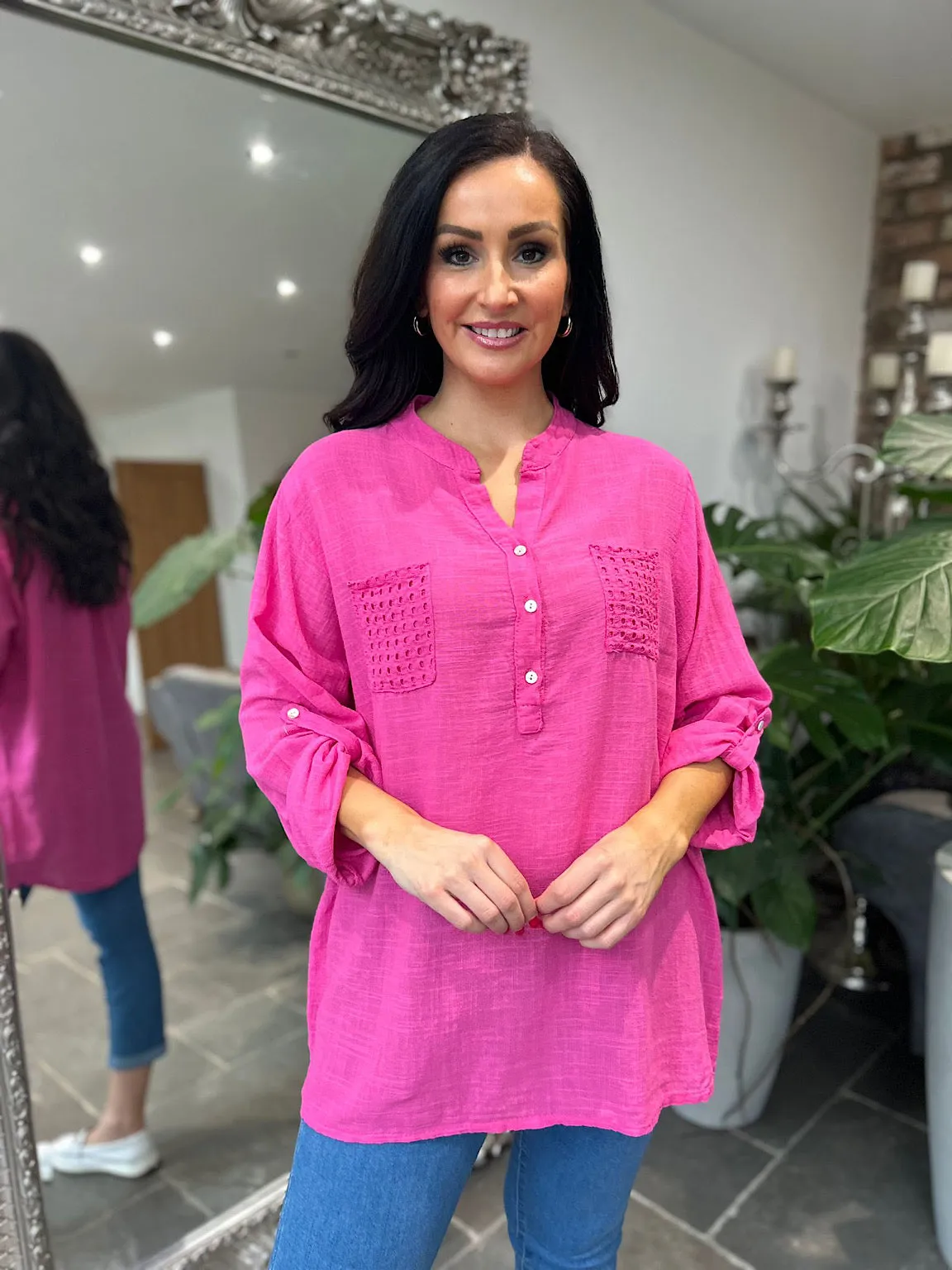 Lipstick Pink Multi Hole Button Sleeve Blouse Val