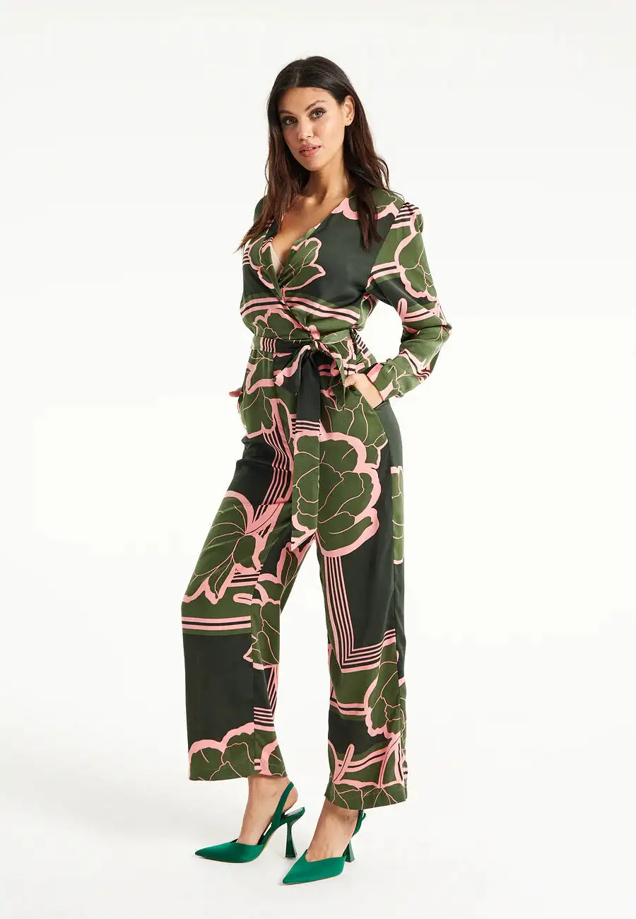 Liquorish Geometric Floral Print Jumpsuit In Dark Green