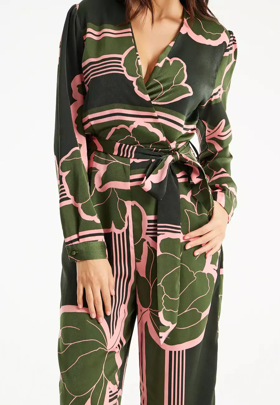 Liquorish Geometric Floral Print Jumpsuit In Dark Green