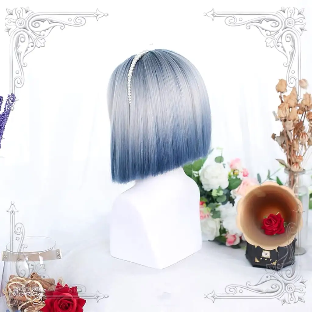 Lolita daily blue gray gradient short straight wig BY7077