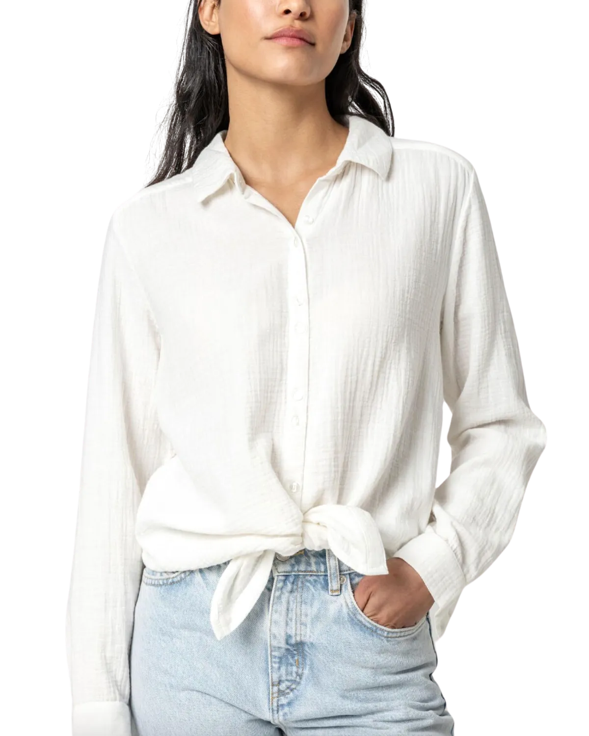 Long Sleeve Gauze Button Down (White)