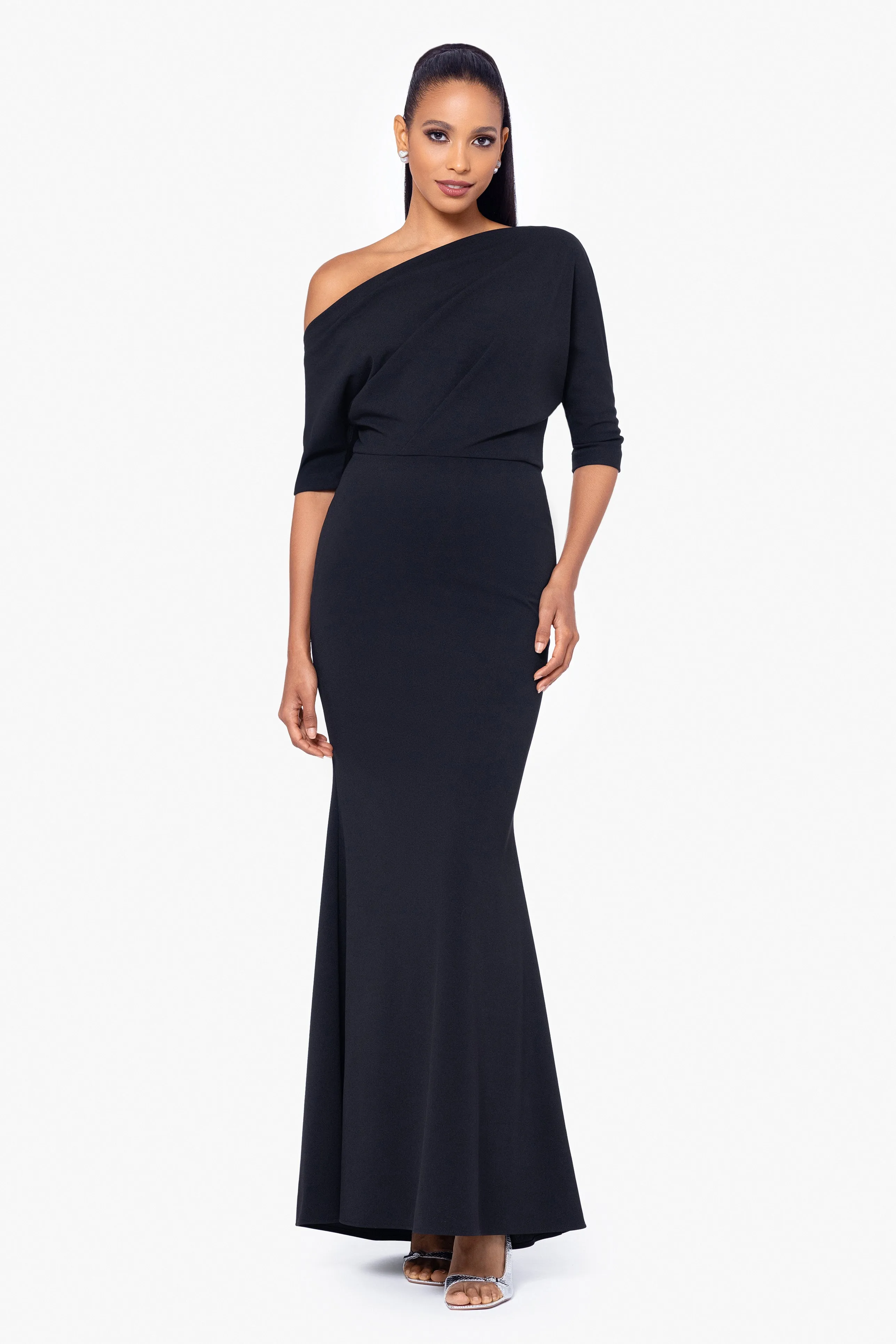 Madeline Long Scuba Crepe Off the Shoulder Drop Dress