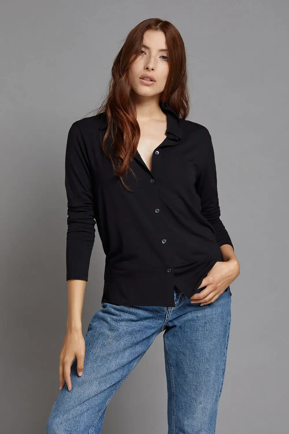 Majestic Long Sleeve Viscose Boxy Button Down in Black